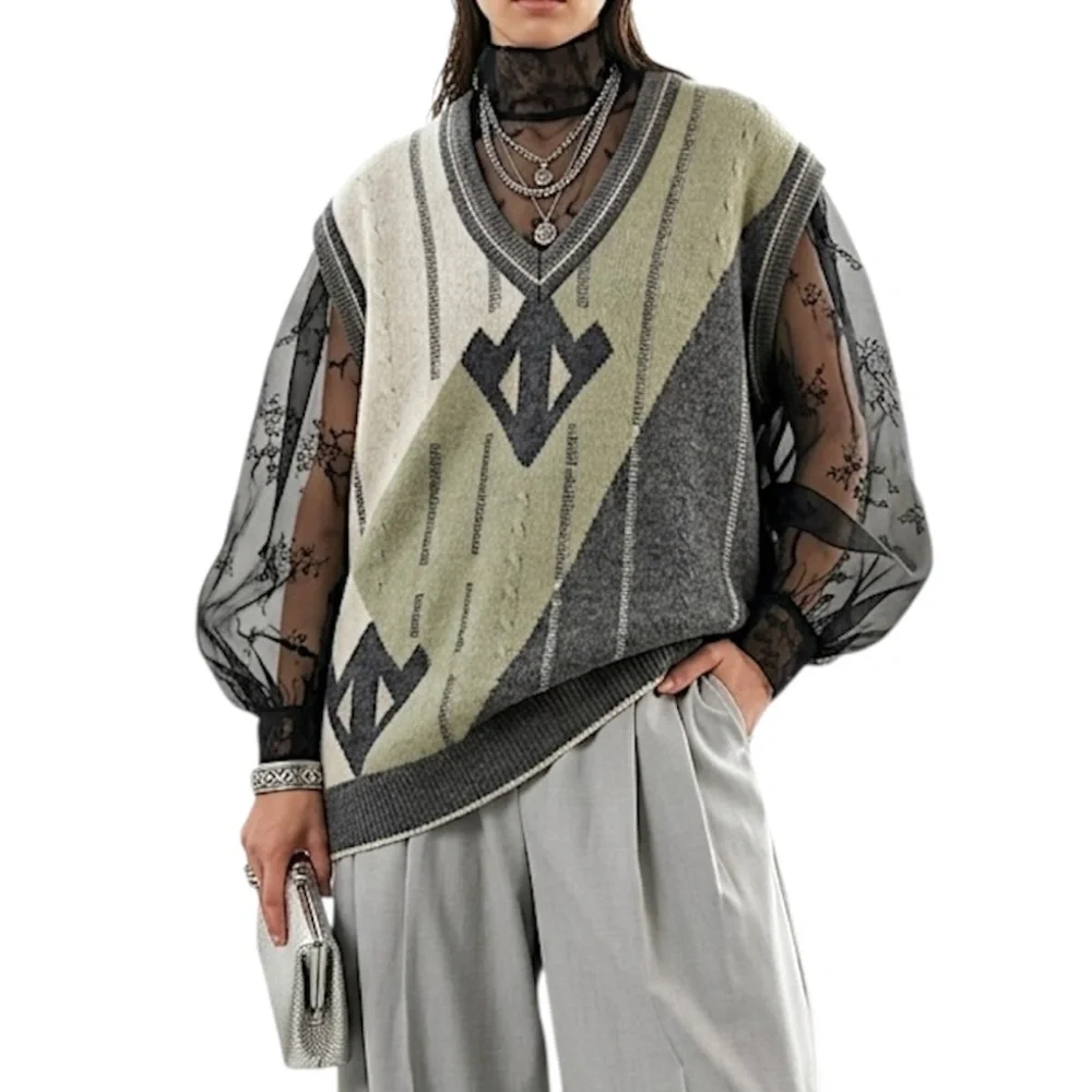 Vintage 80s oversized boxy wooly abstract argyle v neck pull over grandpa vest - Picture 1 of 12